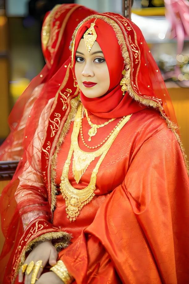 Woman in traditional red bridal outfit with gold jewelry indoors